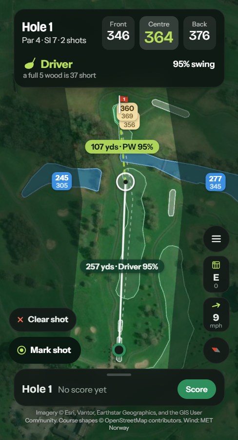 The Play screen on the first at Morley Hayes: a target dragged 257 yards up the fairway, driver suggested at a 95% swing, 109 yards left with a pitching wedge, front, centre and back yardages and the carries over the water.